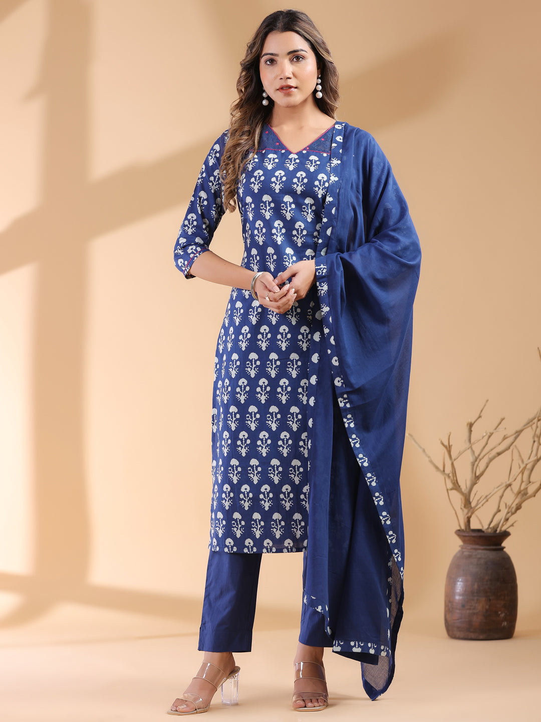 Navy Blue Cotton Straight Ethnic Motifs 3-Piece Kurta Set