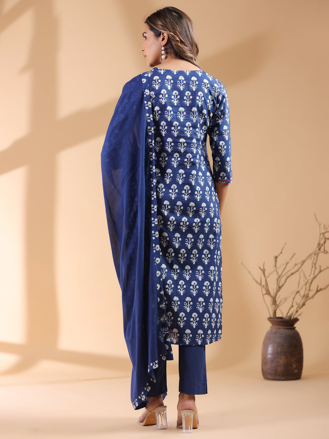 Navy Blue Cotton Straight Ethnic Motifs 3-Piece Kurta Set