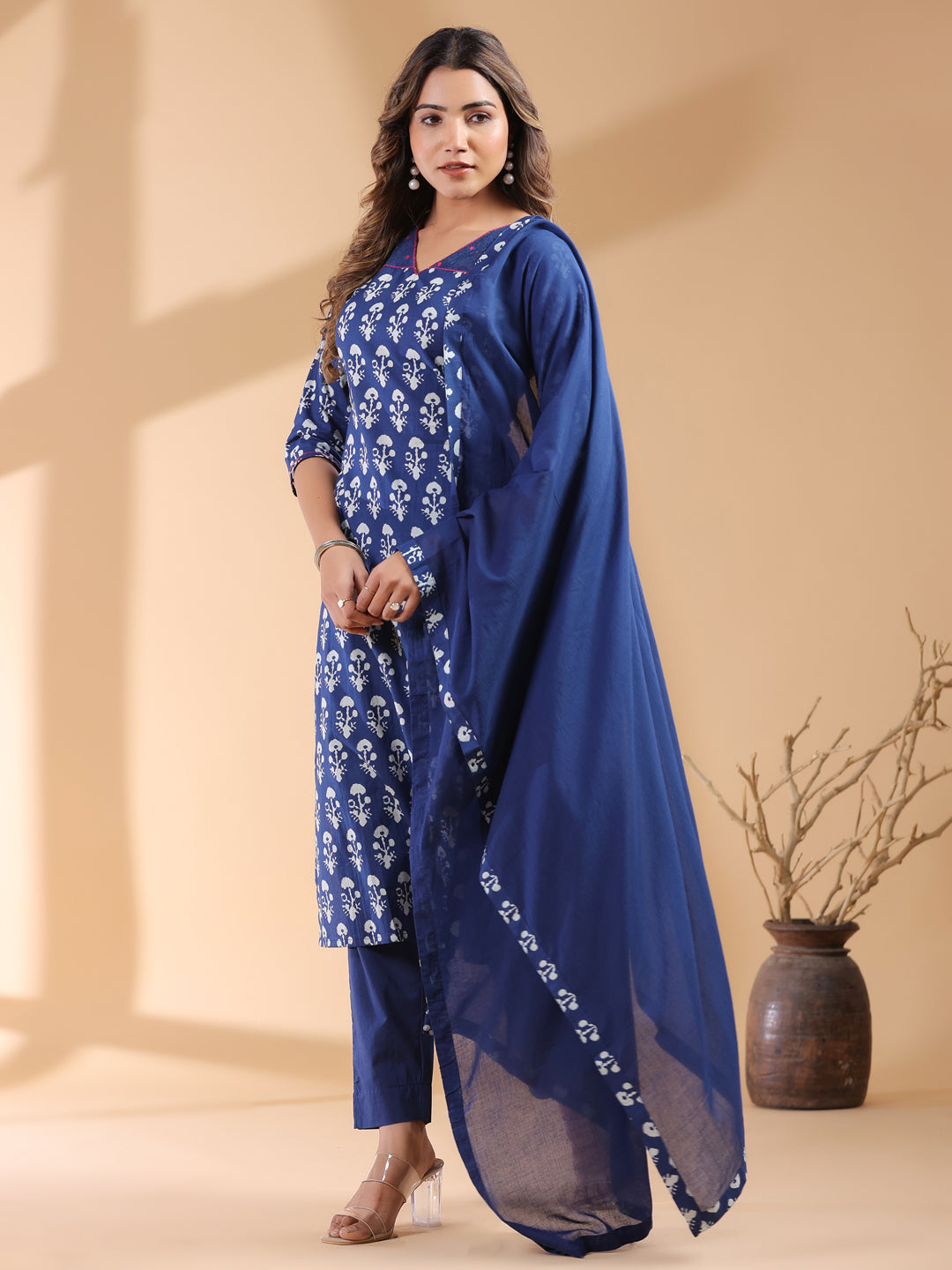 Navy Blue Cotton Straight Ethnic Motifs 3-Piece Kurta Set