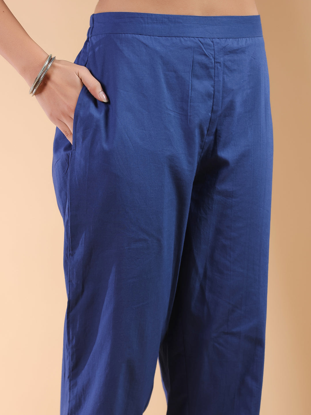 Navy Blue Cotton Straight Ethnic Motifs 3-Piece Kurta Set