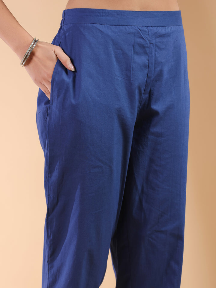 Navy Blue Cotton Straight Ethnic Motifs 3-Piece Kurta Set