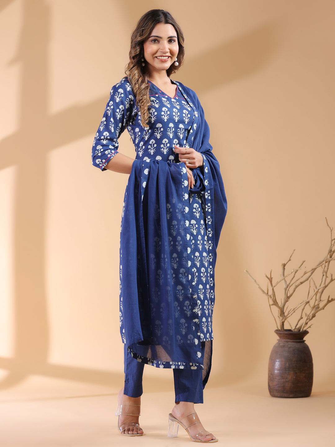 Navy Blue Cotton Straight Ethnic Motifs 3-Piece Kurta Set