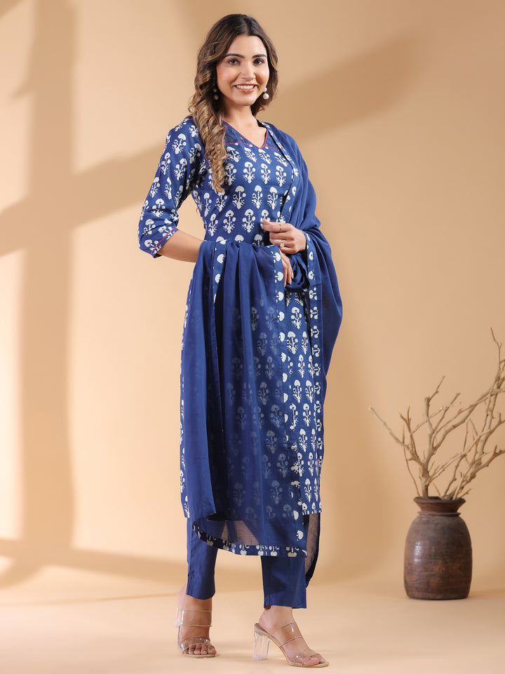 Navy Blue Cotton Straight Ethnic Motifs 3-Piece Kurta Set