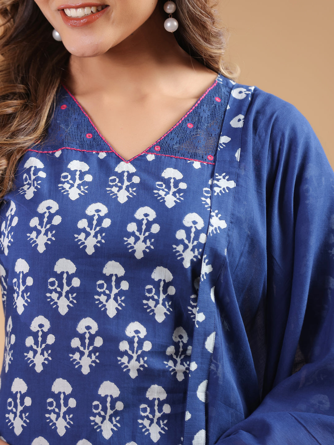 Navy Blue Cotton Straight Ethnic Motifs 3-Piece Kurta Set