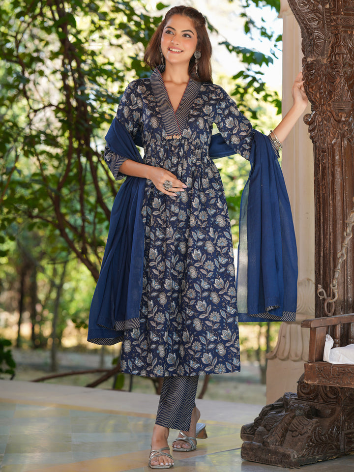 Navy Blue Cotton A-Line Floral Printed 3-Piece Kurta Set