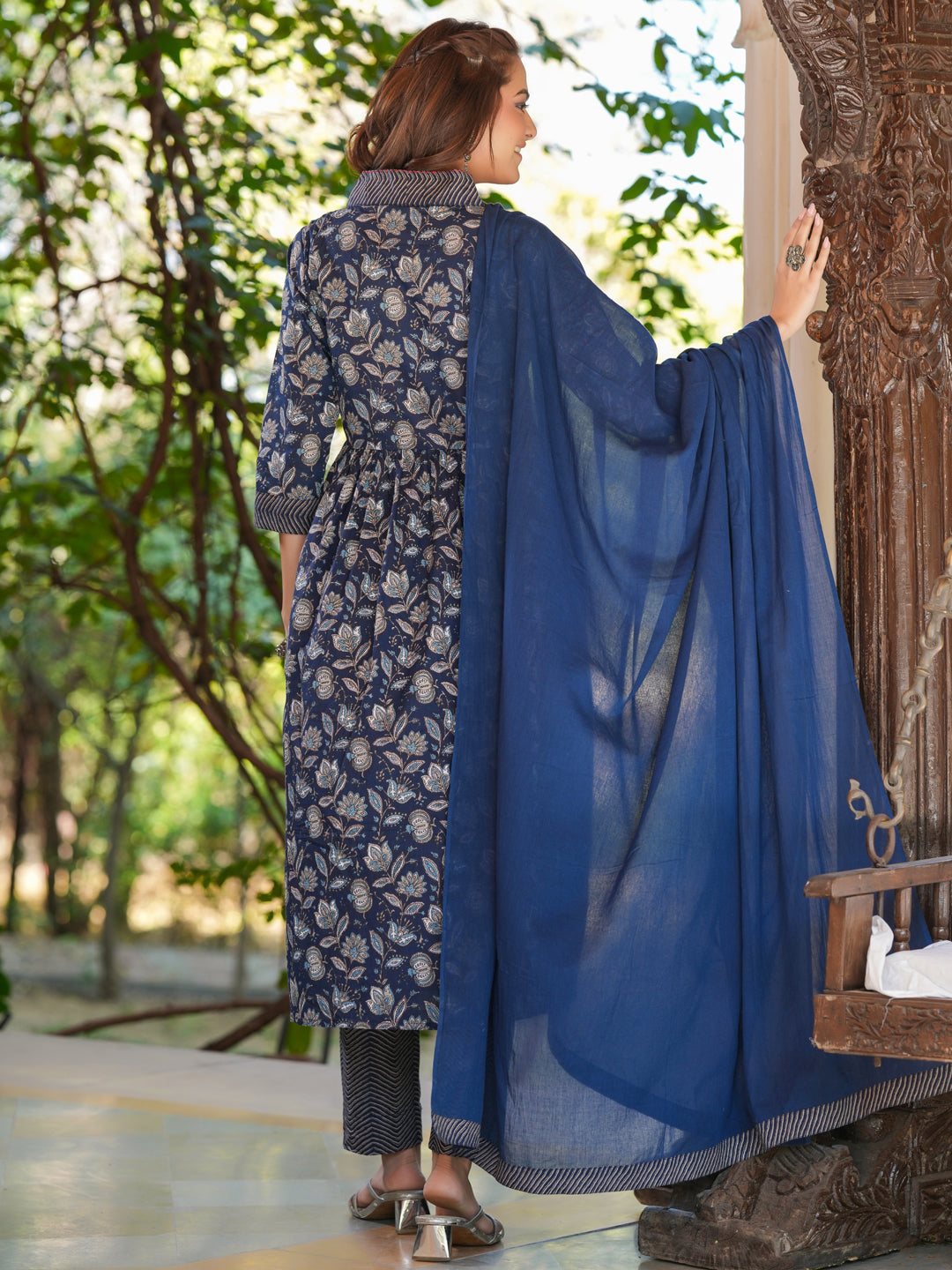 Navy Blue Cotton A-Line Floral Printed 3-Piece Kurta Set