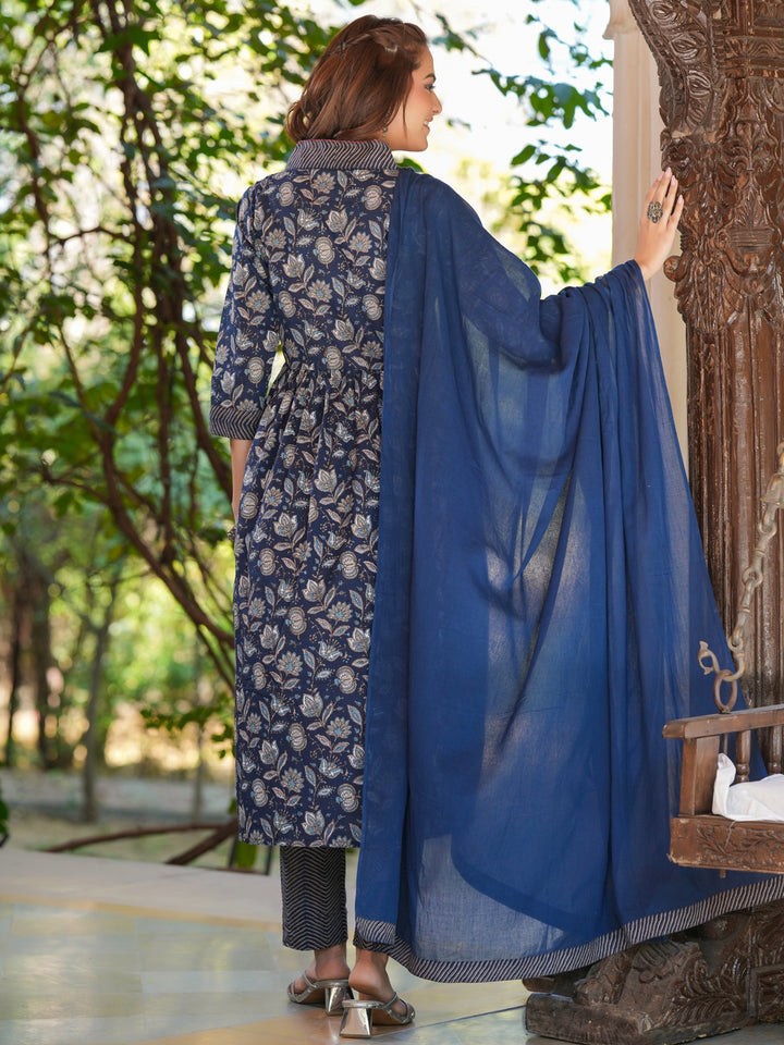 Navy Blue Cotton A-Line Floral Printed 3-Piece Kurta Set