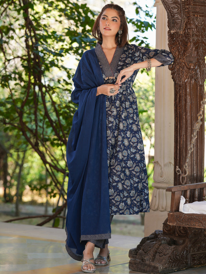 Navy Blue Cotton A-Line Floral Printed 3-Piece Kurta Set
