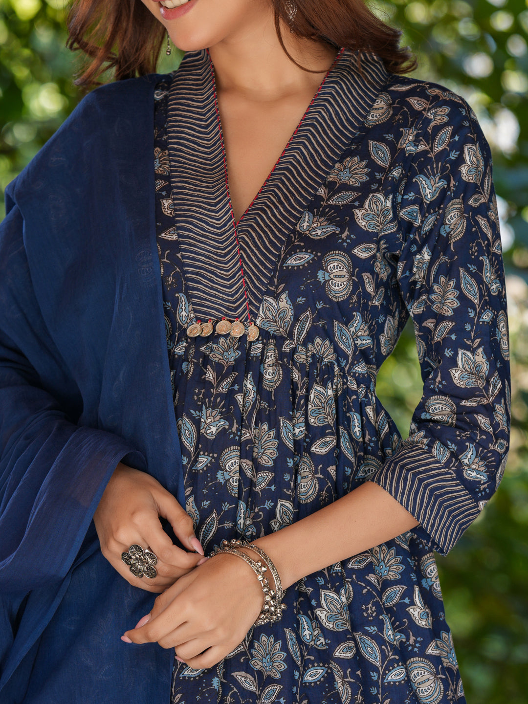 Navy Blue Cotton A-Line Floral Printed 3-Piece Kurta Set