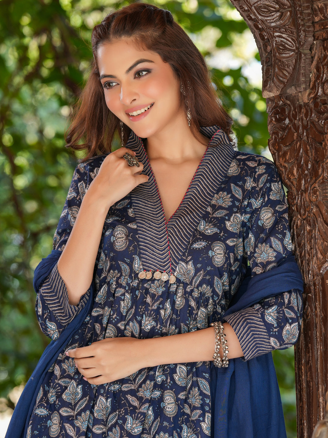 Navy-Blue-Cotton-A-Line-Floral-Printed-3-Piece-Kurta-Set