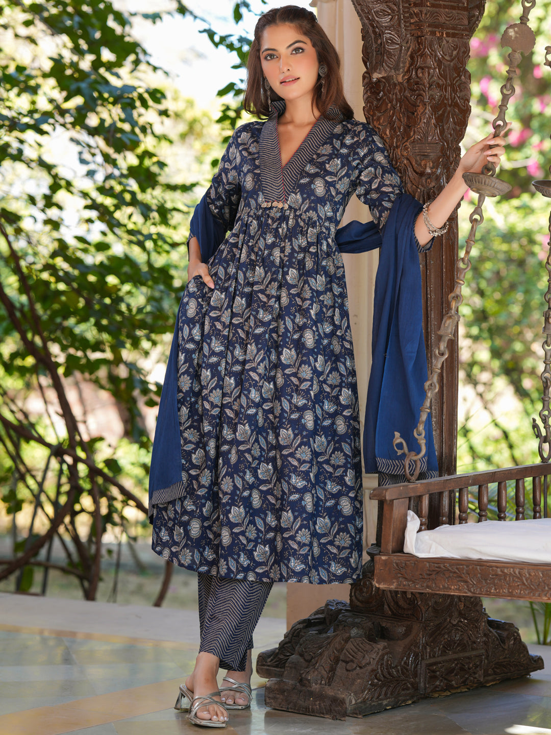 Navy Blue Cotton A-Line Floral Printed 3-Piece Kurta Set