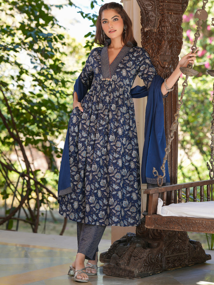 Navy Blue Cotton A-Line Floral Printed 3-Piece Kurta Set