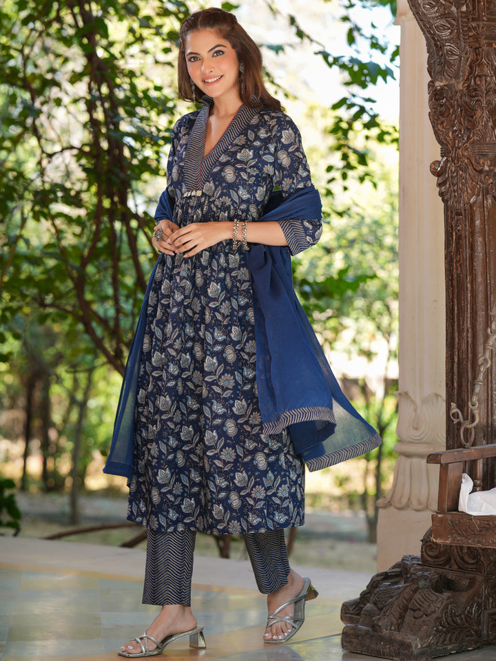 Navy Blue Cotton A-Line Floral Printed 3-Piece Kurta Set