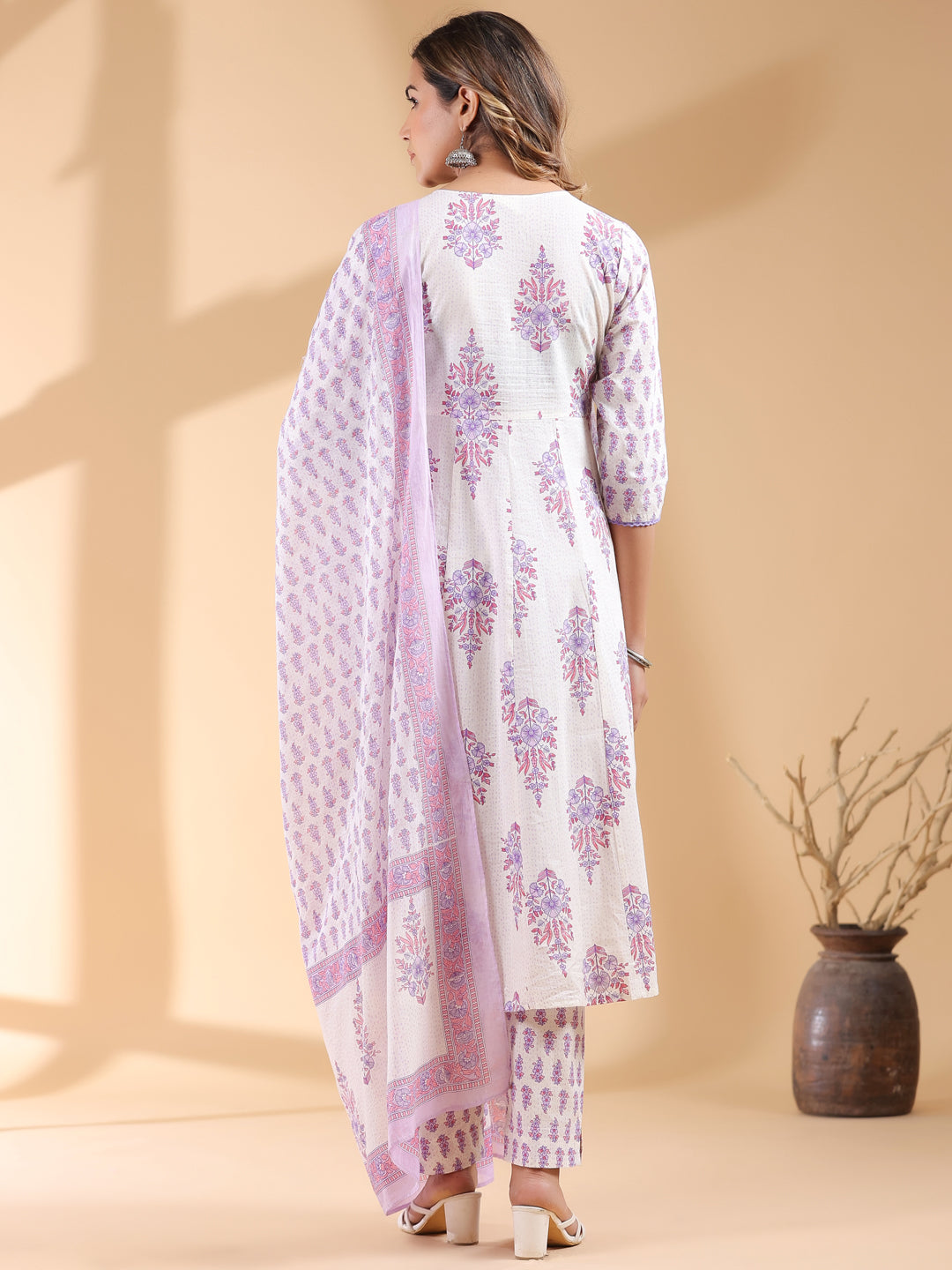 White Cotton Angrakha Floral Printed 3-Piece Kurta Set