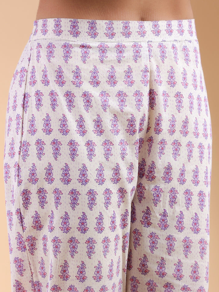 White Cotton Angrakha Floral Printed 3-Piece Kurta Set