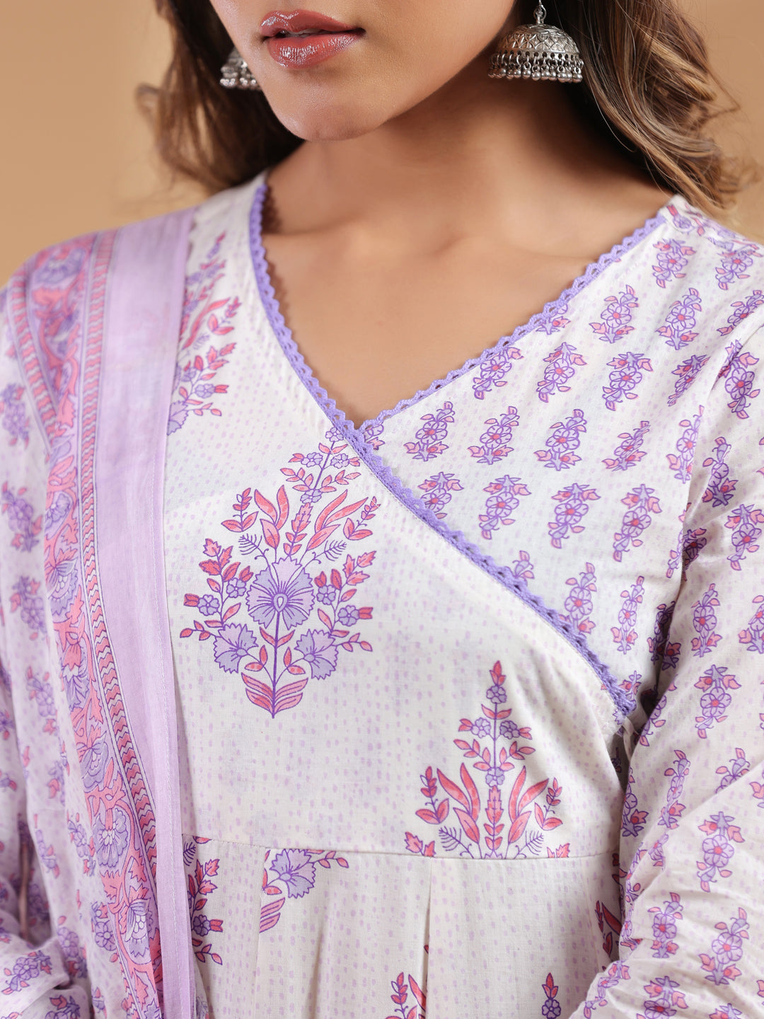 White Cotton Angrakha Floral Printed 3-Piece Kurta Set
