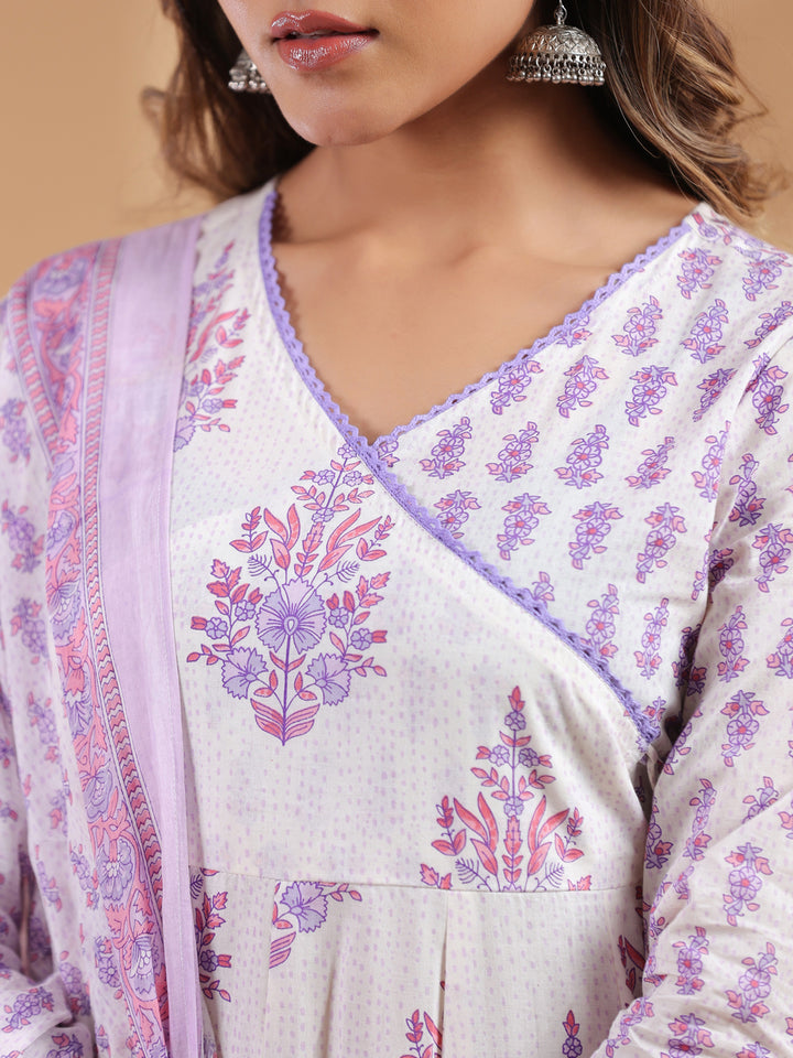 White Cotton Angrakha Floral Printed 3-Piece Kurta Set