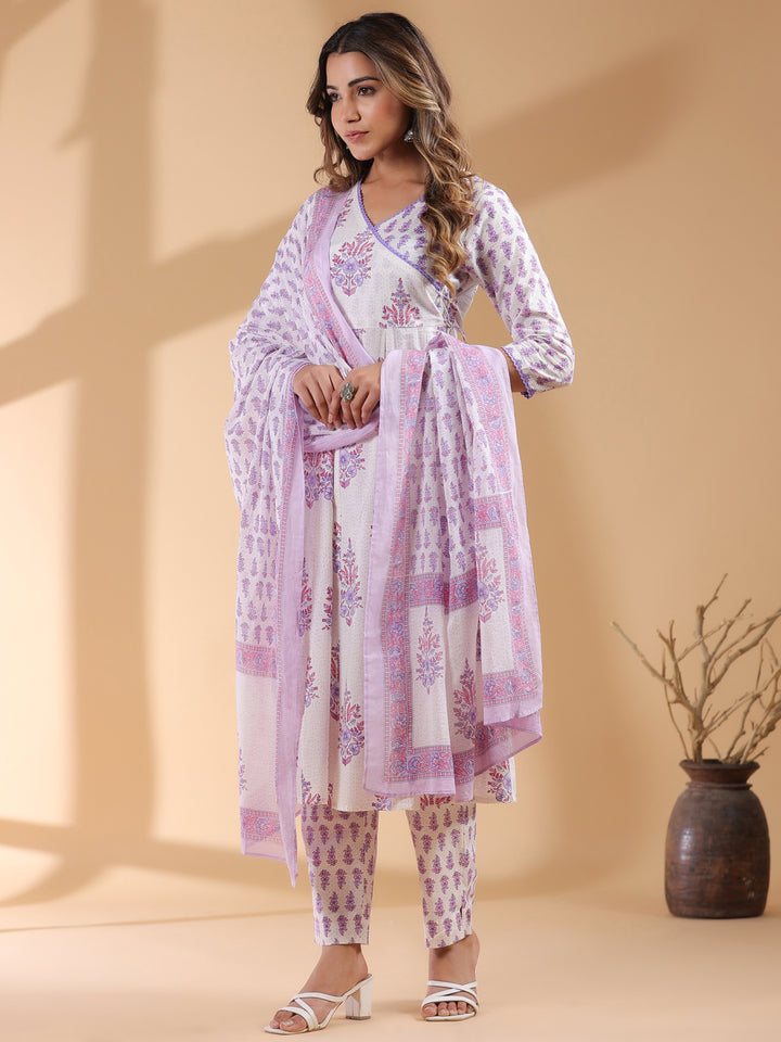 White Cotton Angrakha Floral Printed 3-Piece Kurta Set