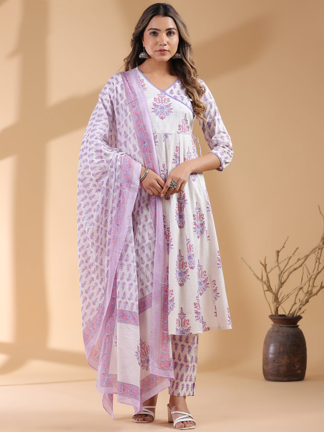 White Cotton Angrakha Floral Printed 3-Piece Kurta Set
