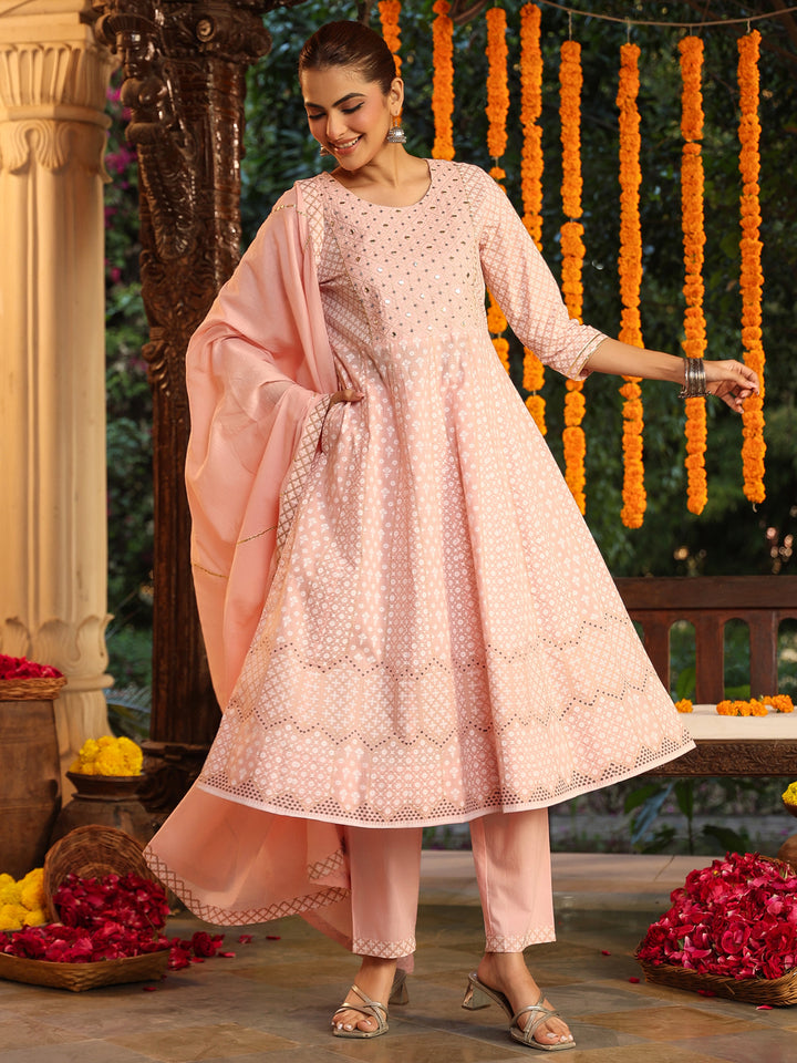 Pink Cotton Anarkali Ethnic Motifs 3-Piece Kurta Set