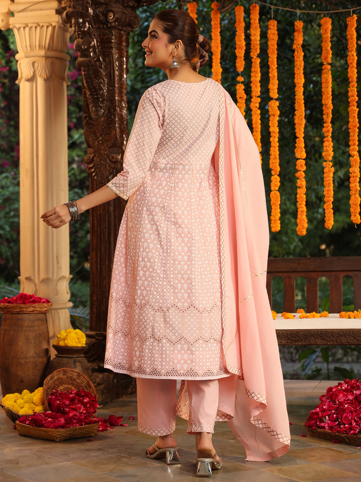 Pink Cotton Anarkali Ethnic Motifs 3-Piece Kurta Set