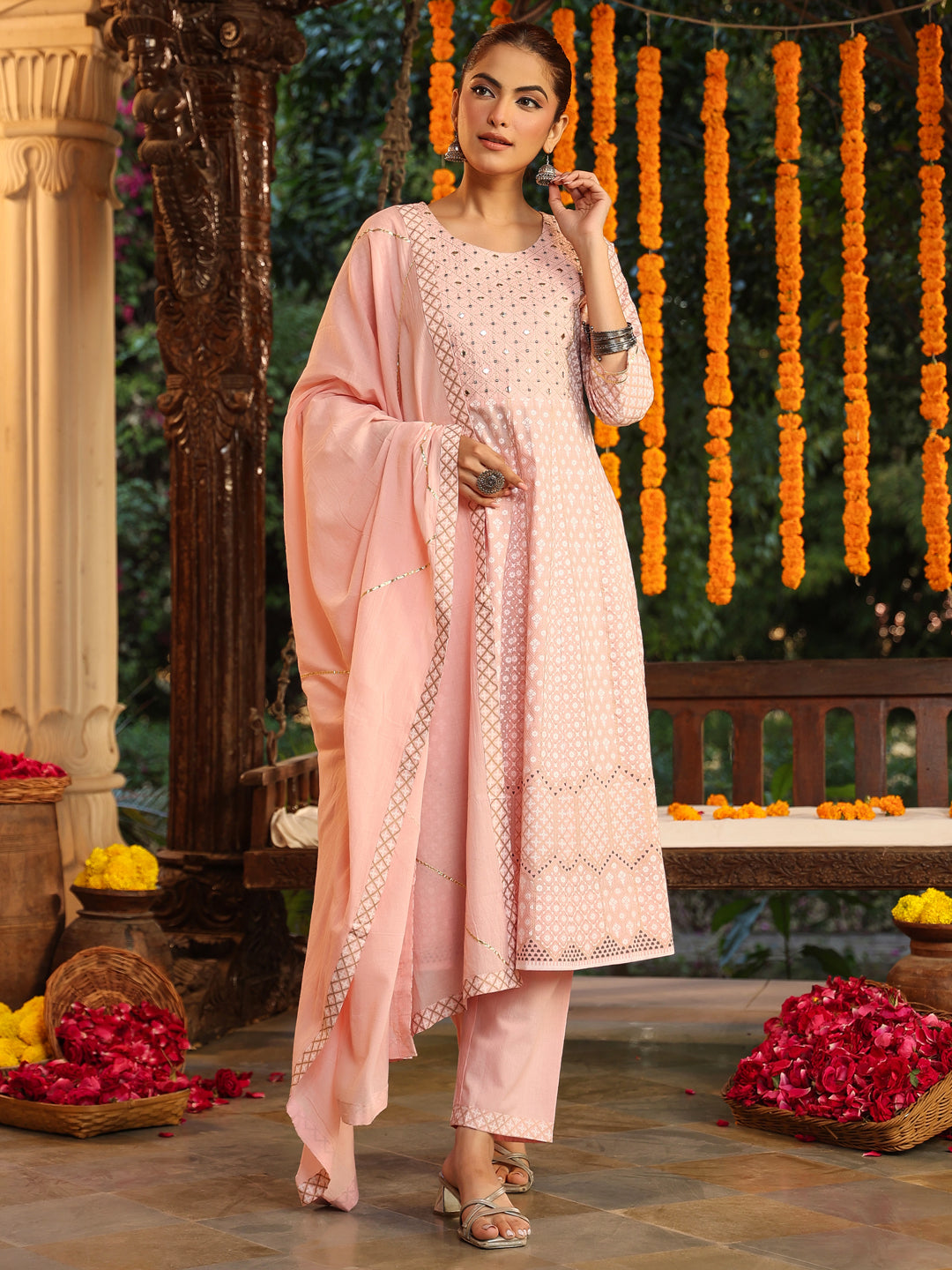 Pink Cotton Anarkali Ethnic Motifs 3-Piece Kurta Set