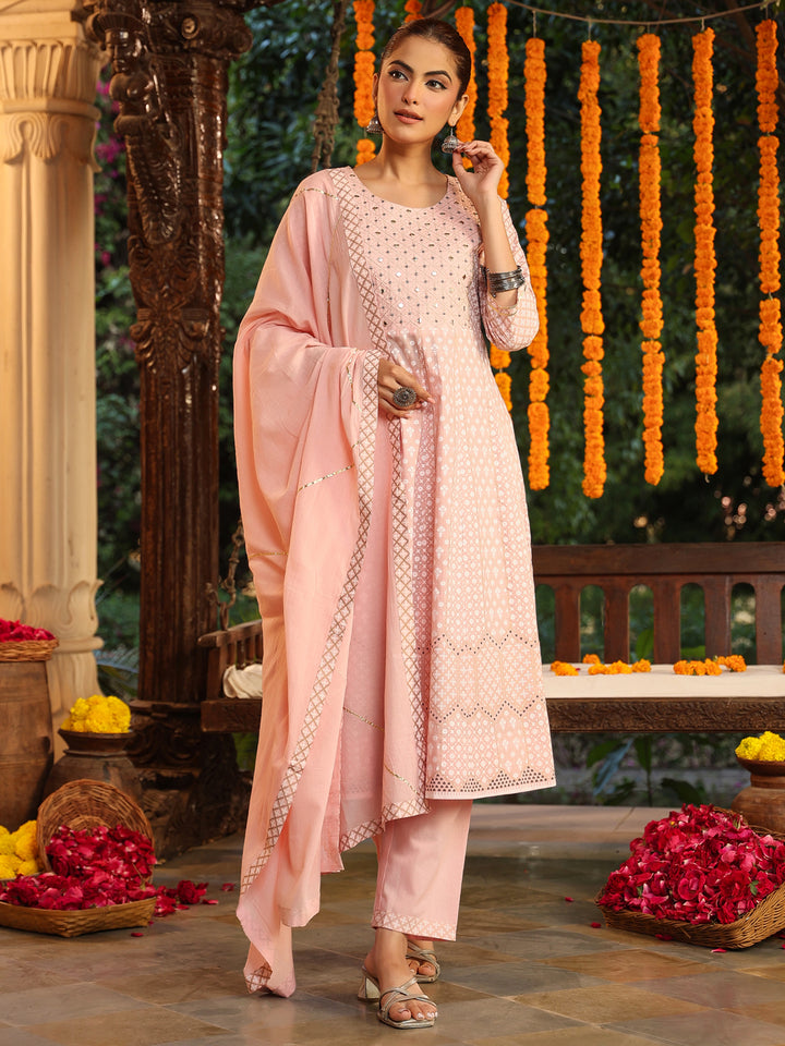 Pink Cotton Anarkali Ethnic Motifs 3-Piece Kurta Set