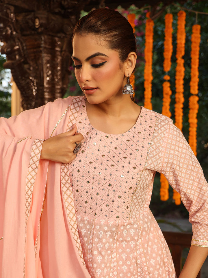 Pink Cotton Anarkali Ethnic Motifs 3-Piece Kurta Set