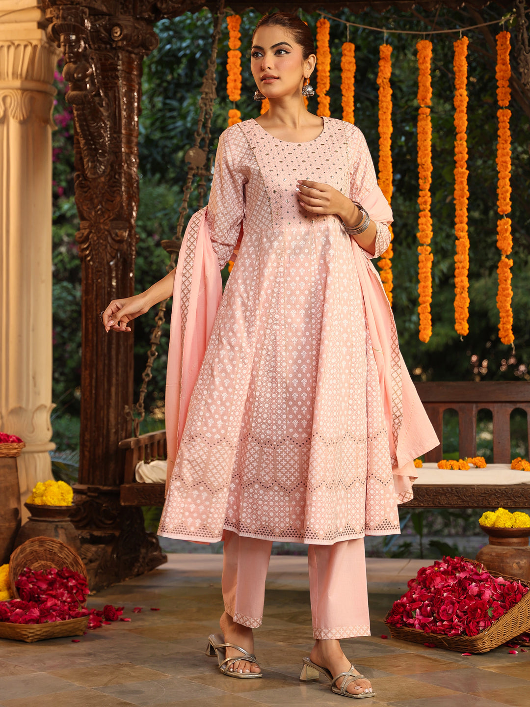 Pink Cotton Anarkali Ethnic Motifs 3-Piece Kurta Set