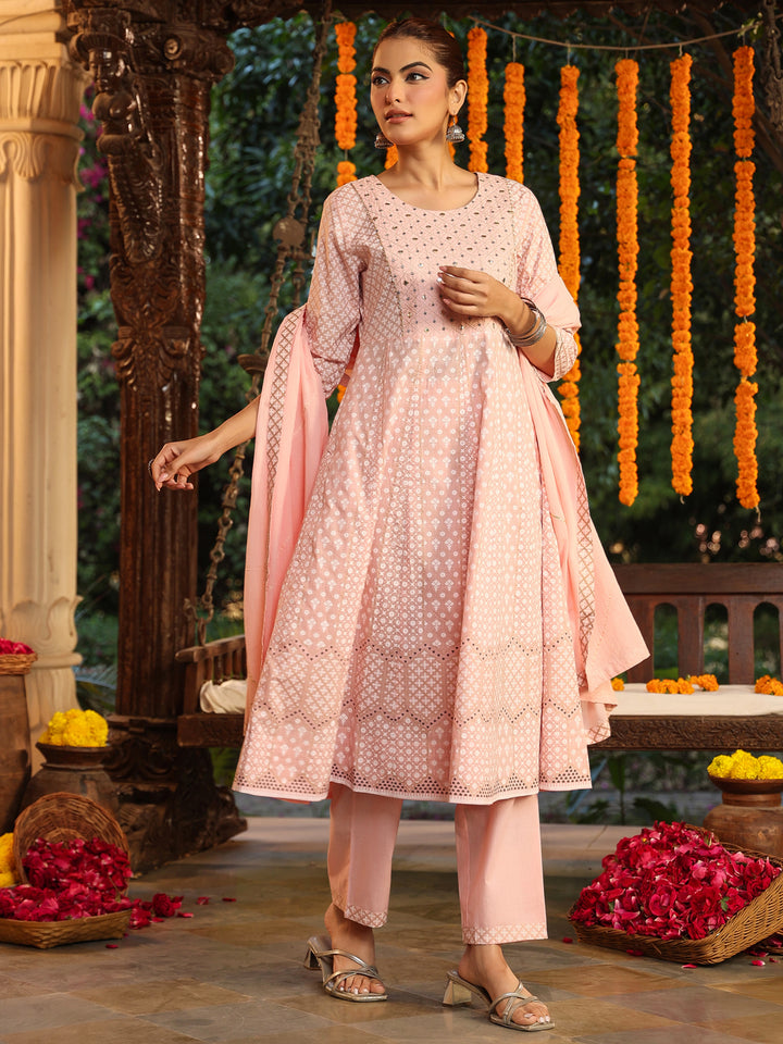 Pink Cotton Anarkali Ethnic Motifs 3-Piece Kurta Set