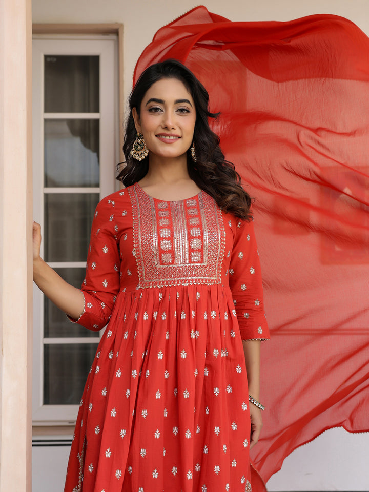 Red Cotton A-Line Foil Print 3-Piece Kurta Set