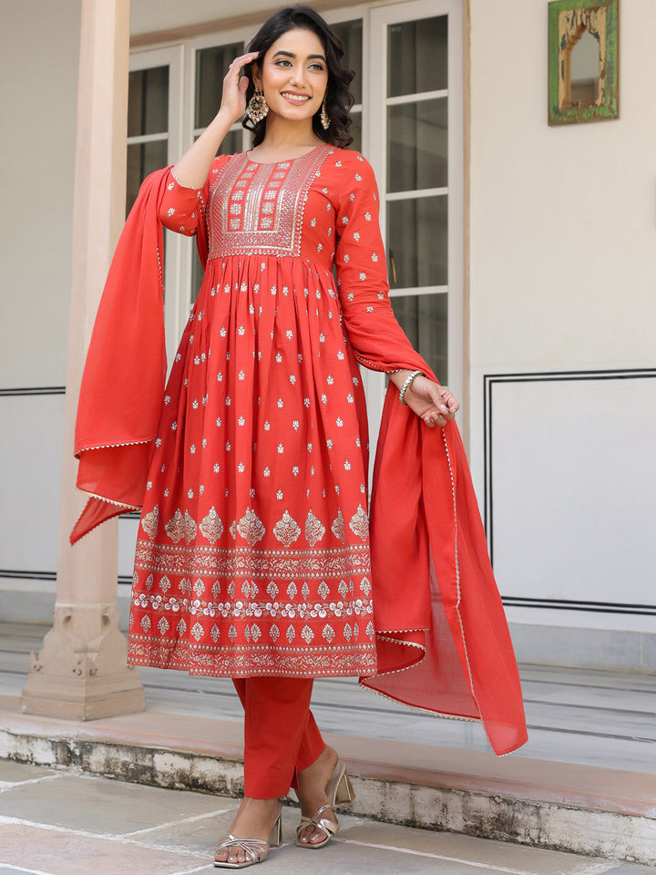 Red Cotton A-Line Foil Print 3-Piece Kurta Set