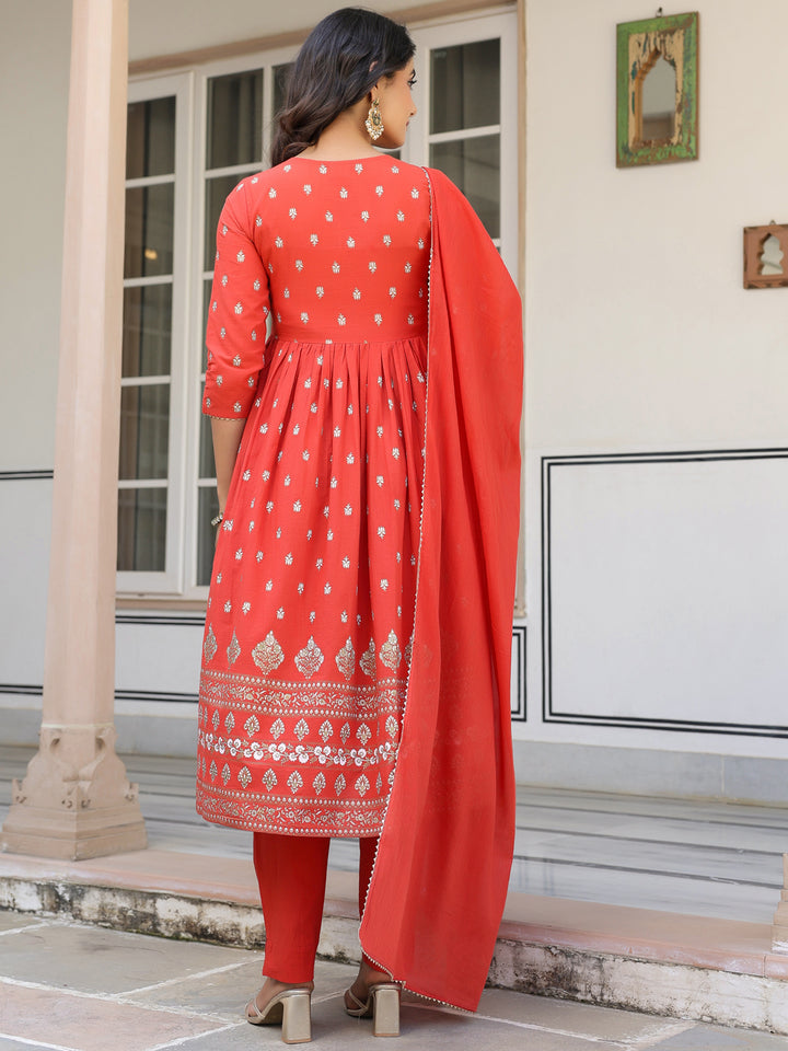 Red Cotton A-Line Foil Print 3-Piece Kurta Set