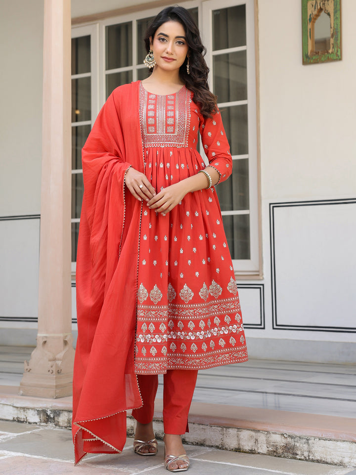 Red Cotton A-Line Foil Print 3-Piece Kurta Set