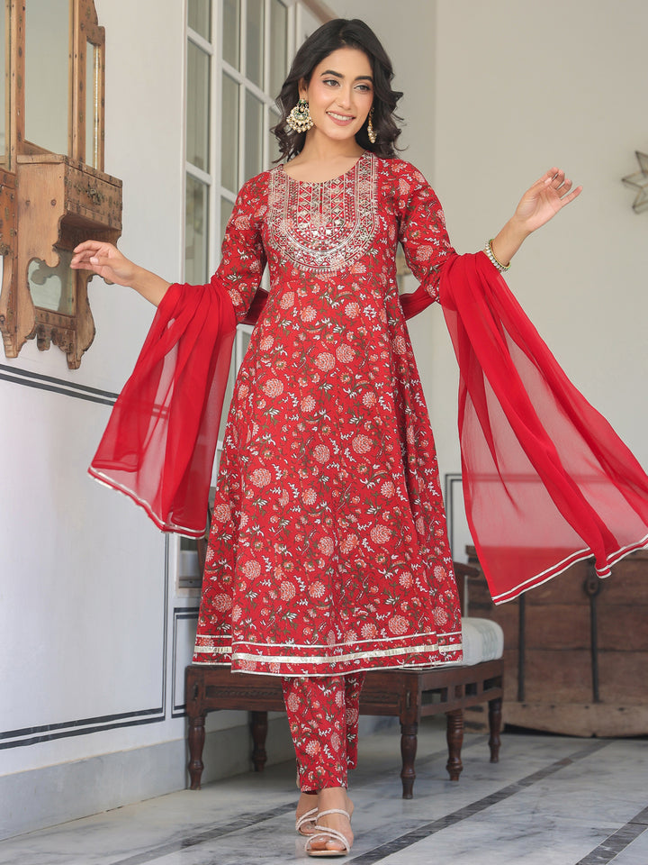 Red Cotton A-Line Yoke Embroidered 3-Piece Kurta Set