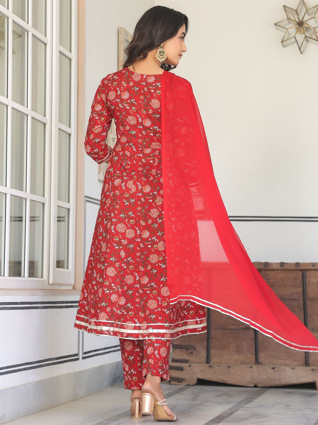 Red Cotton A-Line Yoke Embroidered 3-Piece Kurta Set