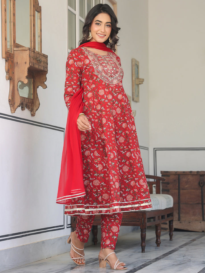 Red Cotton A-Line Yoke Embroidered 3-Piece Kurta Set