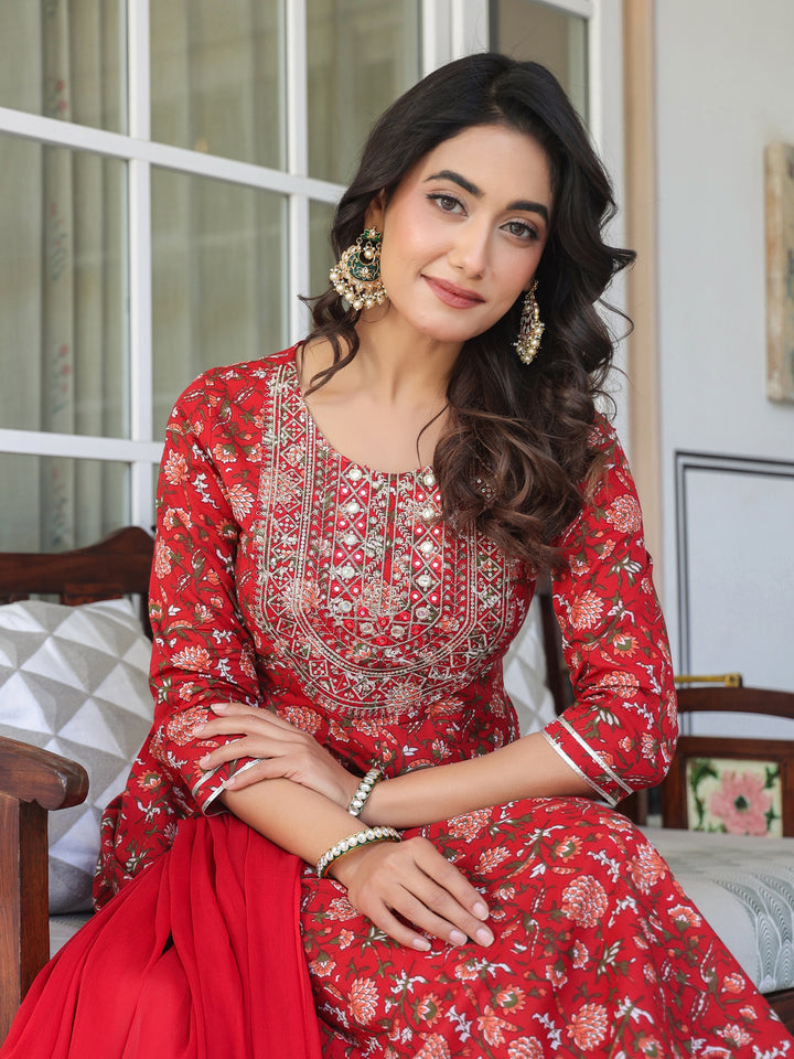 Red Cotton A-Line Yoke Embroidered 3-Piece Kurta Set