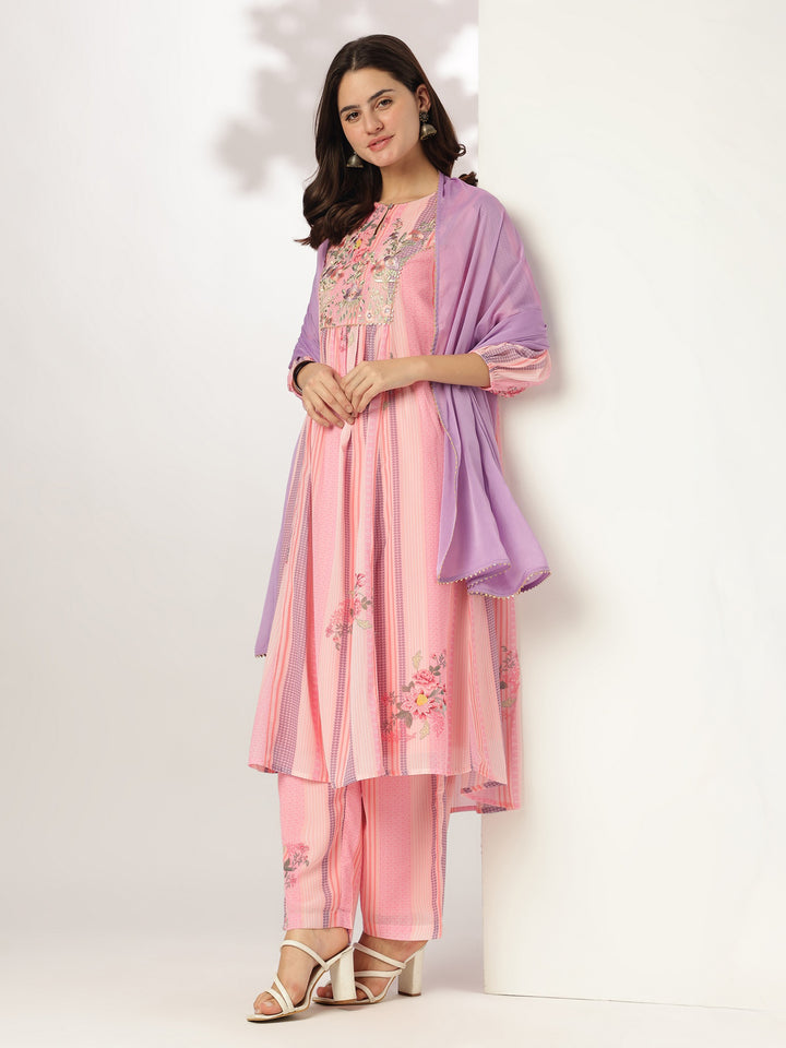 Pink Georgette A-Line Embroidered 3-Piece Kurta Set