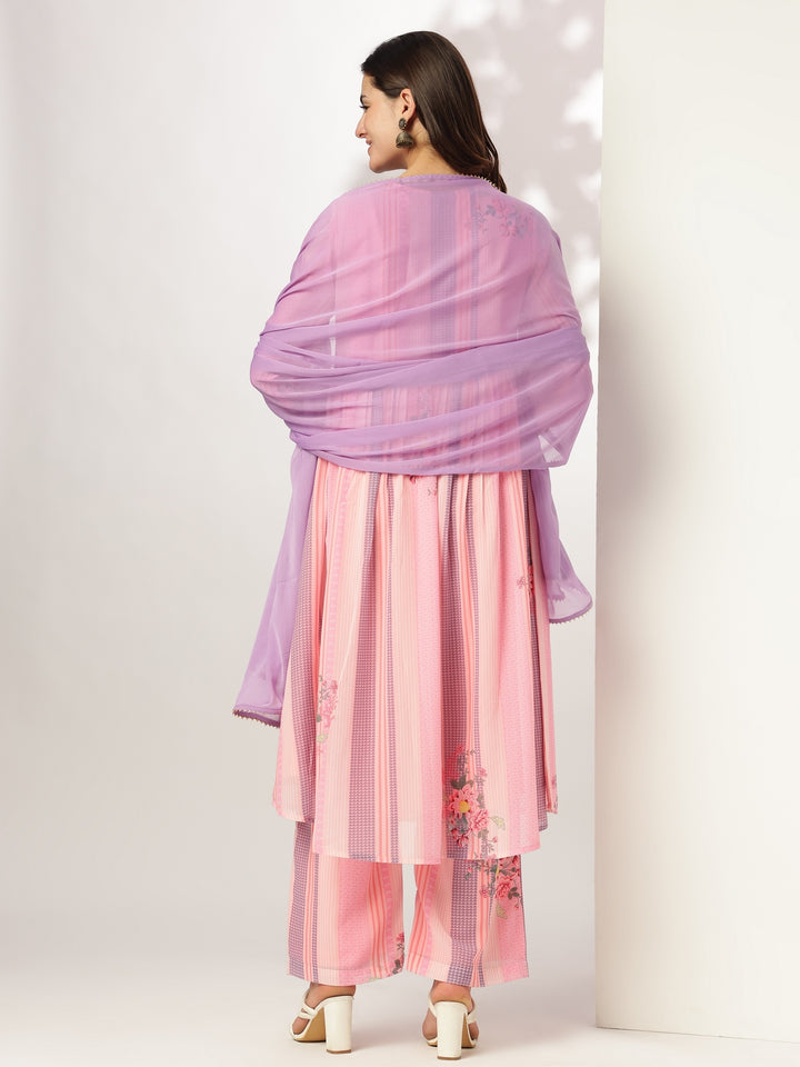 Pink Georgette A-Line Embroidered 3-Piece Kurta Set