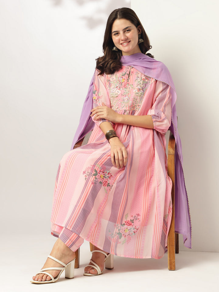 Pink Georgette A-Line Embroidered 3-Piece Kurta Set