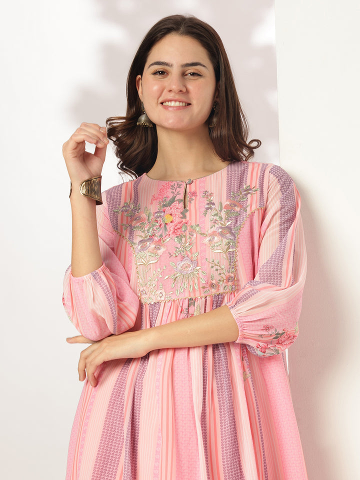 Pink Georgette A-Line Embroidered 3-Piece Kurta Set
