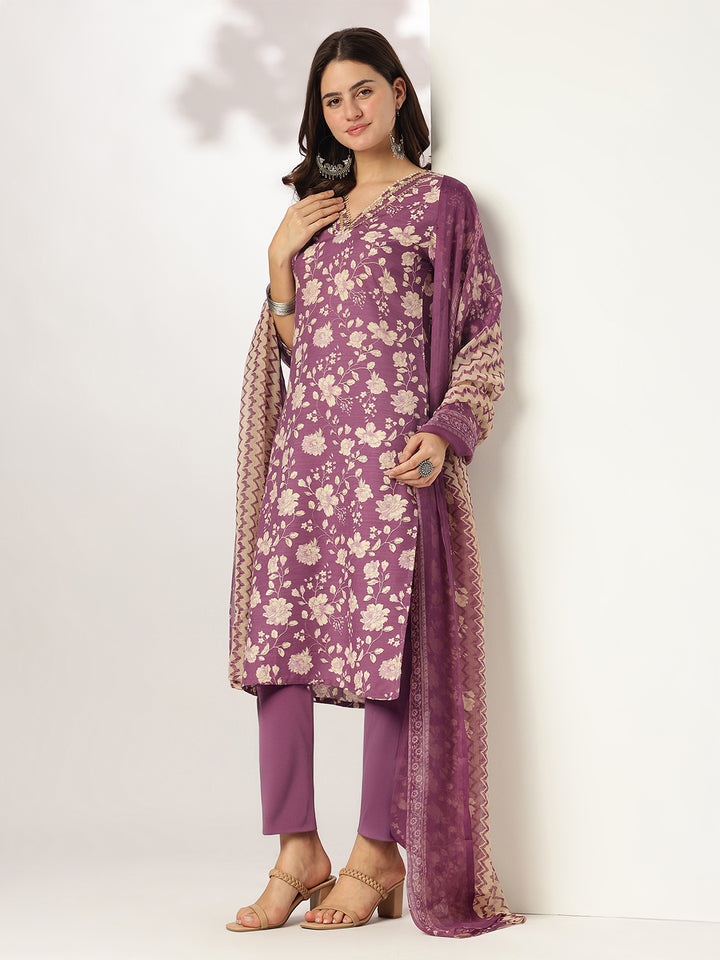 Purple Rayon Blend Straight Floral Printed 3-Piece Kurta Set