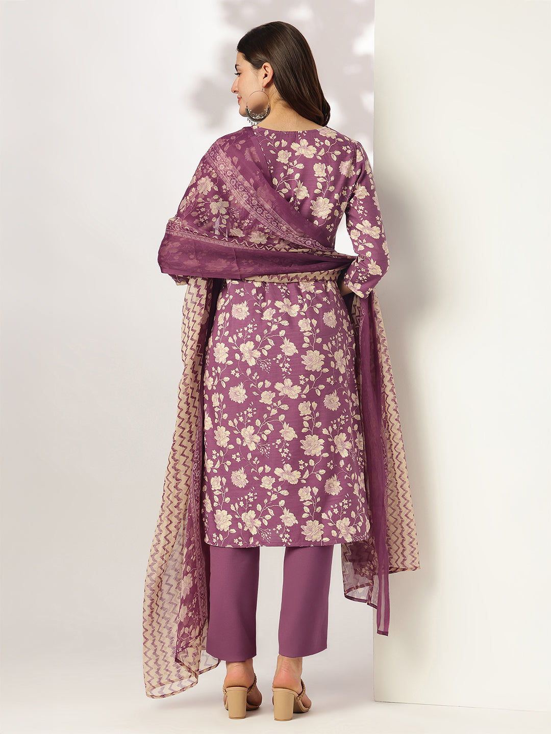 Purple Rayon Blend Straight Floral Printed 3-Piece Kurta Set