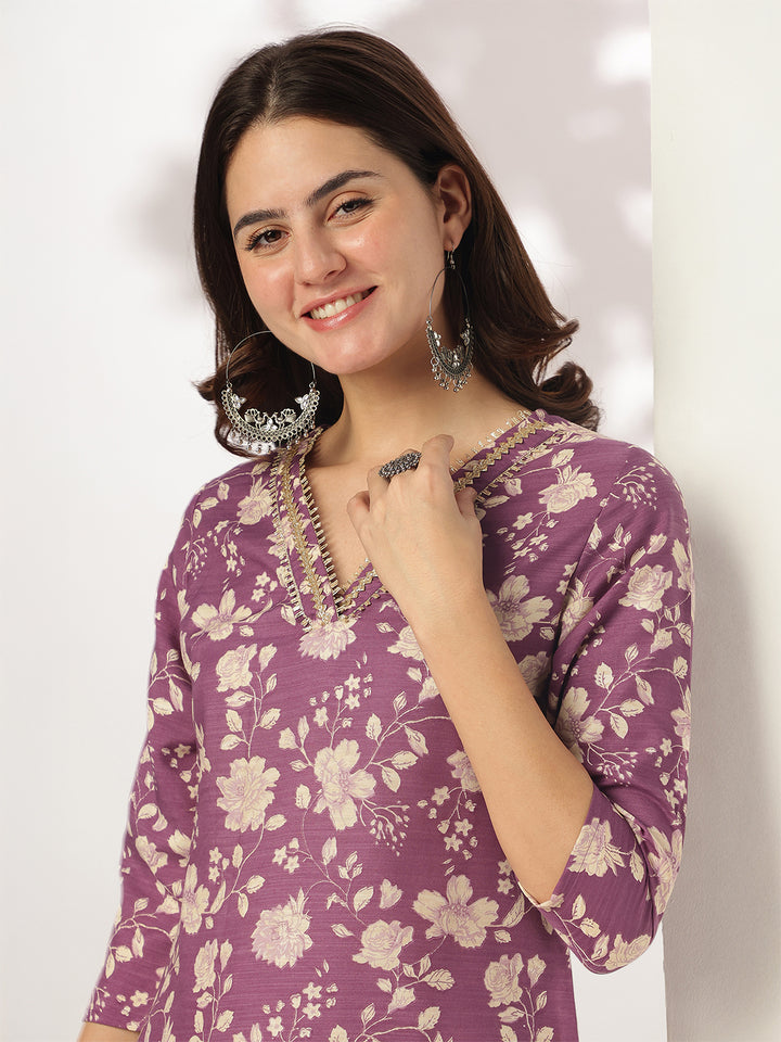 Purple Rayon Blend Straight Floral Printed 3-Piece Kurta Set