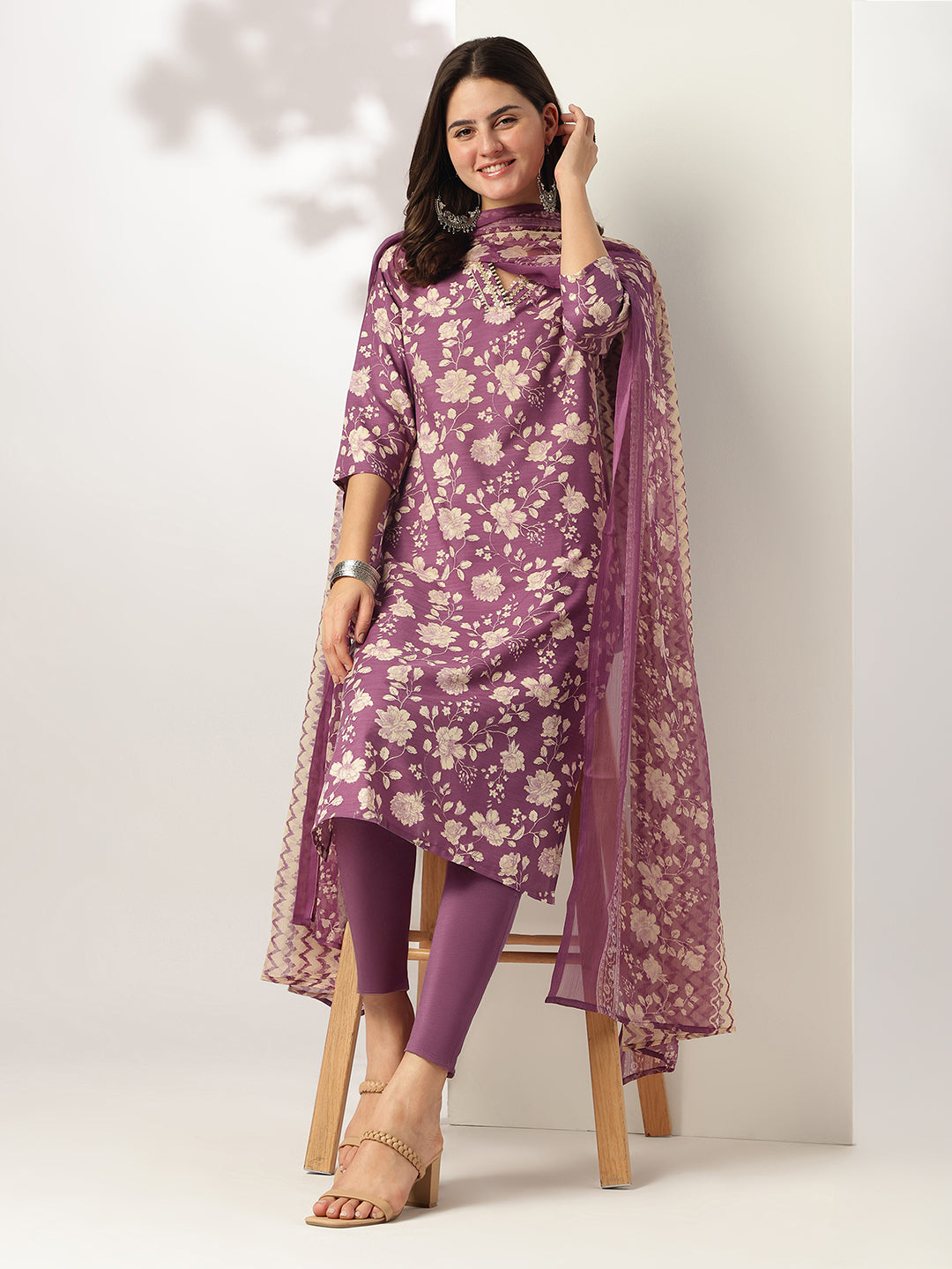 Purple Rayon Blend Straight Floral Printed 3-Piece Kurta Set