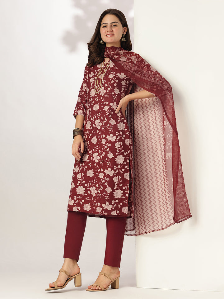 Maroon Rayon Blend Straight Floral Printed 3-Piece Kurta Set