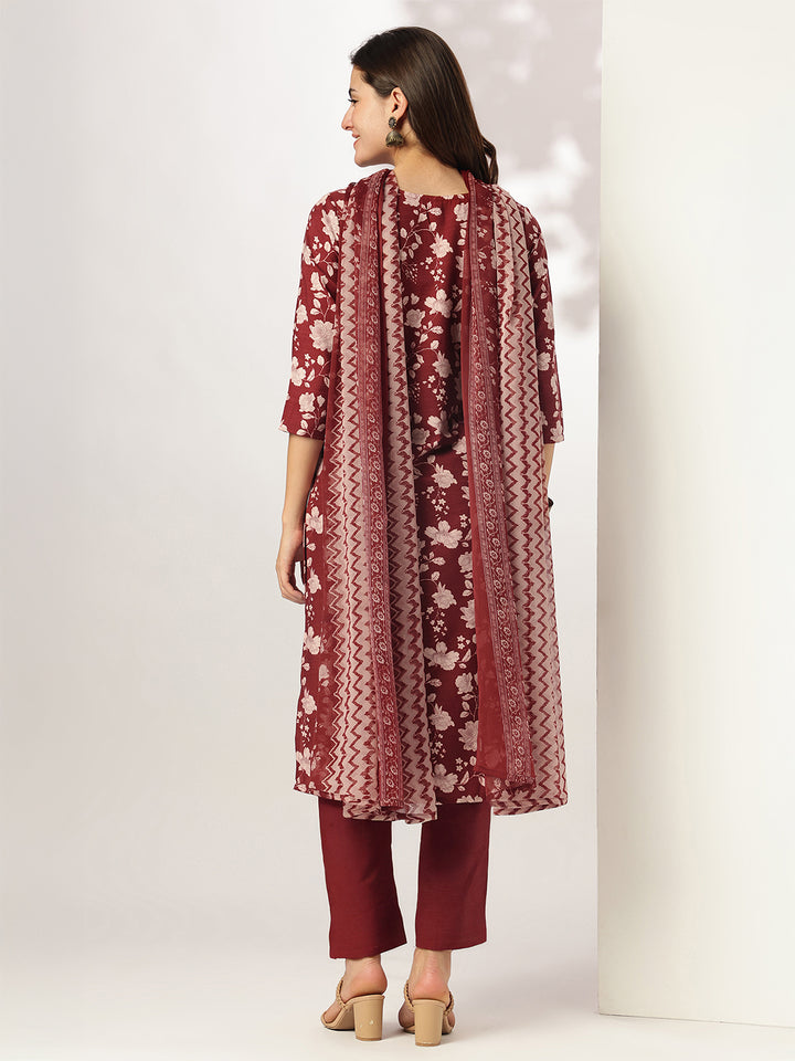Maroon Rayon Blend Straight Floral Printed 3-Piece Kurta Set