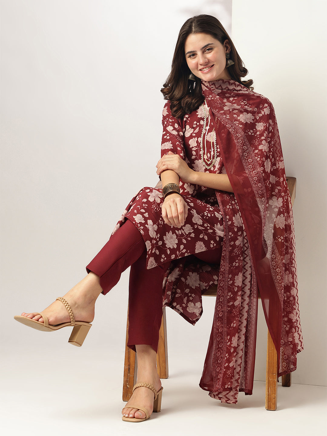 Maroon Rayon Blend Straight Floral Printed 3-Piece Kurta Set