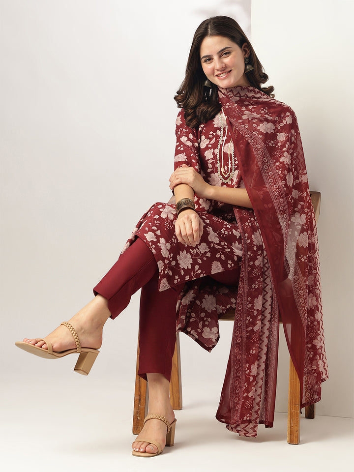 Maroon Rayon Blend Straight Floral Printed 3-Piece Kurta Set